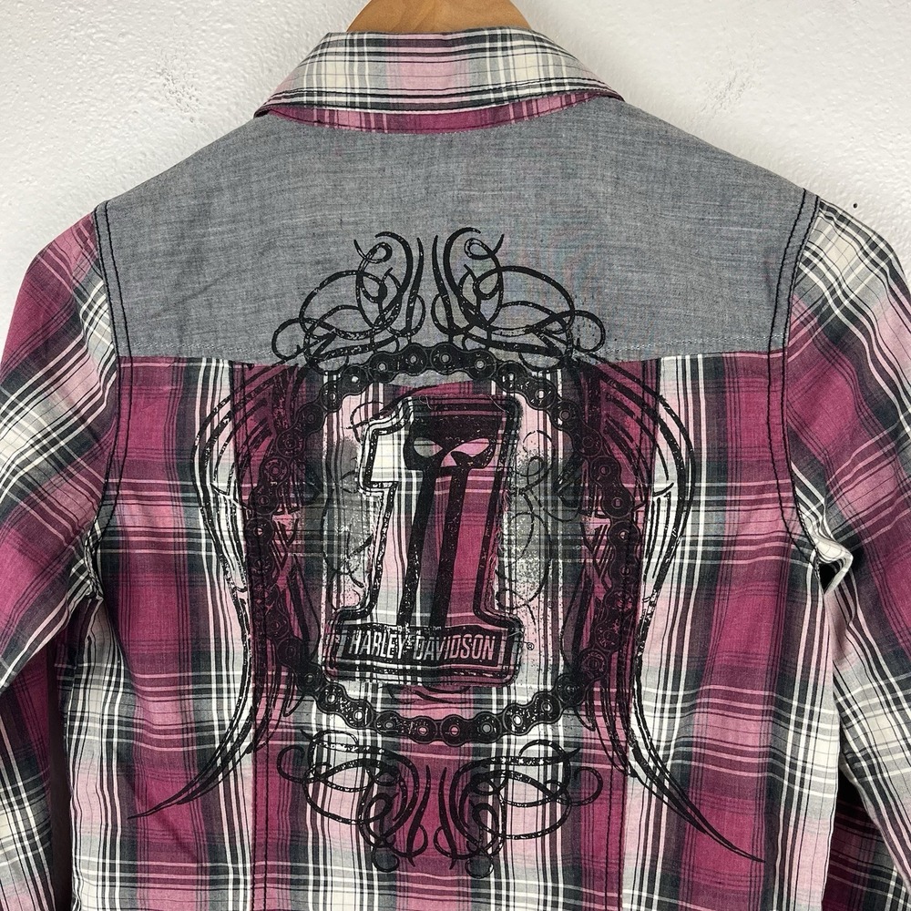 Harley Davidson Women's Small Pink Plaid Long Sleeve Pearl Snap Shirt Biker